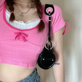 Short-sleeve Bow Crop Top / Lace Camisole Top