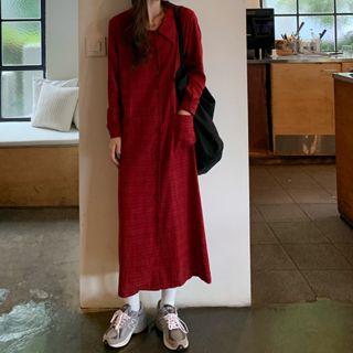 Plaid Long-sleeve Midi Shirt Dress As Shown In Figure - One Size
