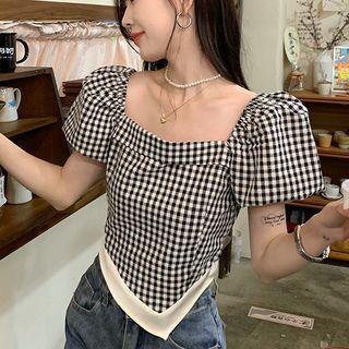 Puff-sleeve Asymmetrical Gingham Blouse