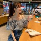 Puff-sleeve Cold-shoulder Gingham Blouse Gingham - Black & White - One Size