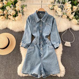 Elbow-sleeve Denim Romper