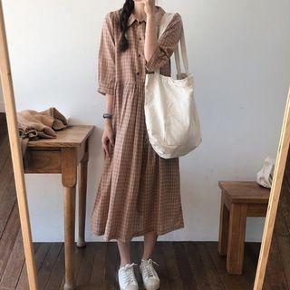Plaid Collared 3/4-sleeve A-line Midi Dress