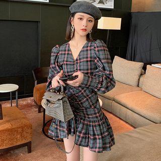 Plaid Drawstring Ruffle Hem A-line Mini Dress