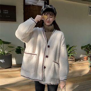 Contrast Trim Faux Shearling Jacket Almond - One Size