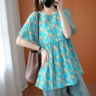 Floral Ruffle Trim Short-sleeve Blouse Blue - One Size