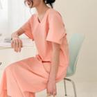 Short-sleeve V-neck Twist-back Midi Shift Dress Green - One Size