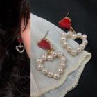Faux Pearl Heart Drop Earring 0146a# - 1 Pair - Classic Earrings - Red & White - One Size