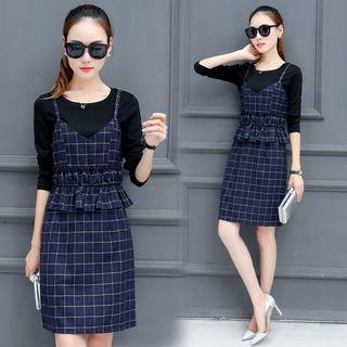Set: Long-sleeve T-shirt + Check Spaghetti Strap Dress