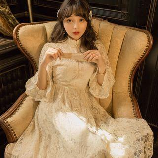 Mandarin Collar Bell-sleeve Midi A-line Lace Dress