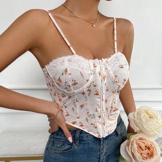 Straps Floral Lace-trim Crop Corset Top