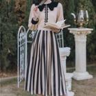 Set: Color Block Blouse + Striped Midi A-line Skirt