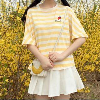 Short-sleeve Strawberry Embroidered Striped T-shirt