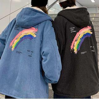 Rainbow Print Hooded Denim Jacket