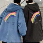 Rainbow Print Hooded Denim Jacket