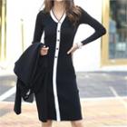 Piped Rib-knit Sheath Dress Black - One Size