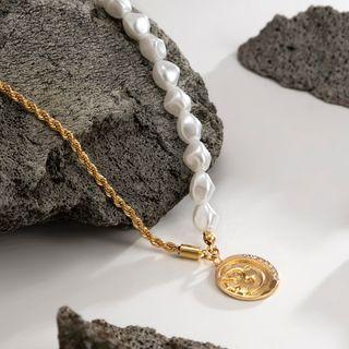 Disc Pendant Asymmetrical Beaded Necklace Gold - One Size
