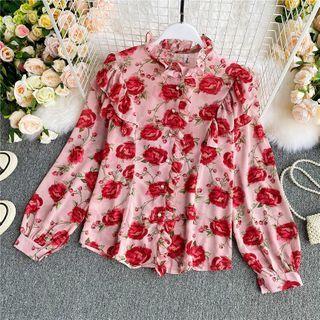 Ruffled Floral Print Long-sleeve Shirt