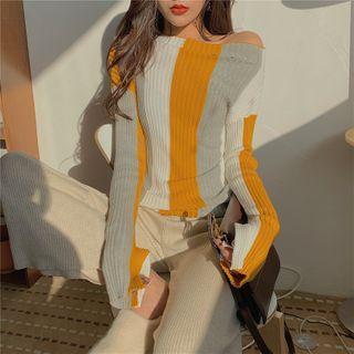 Color-block Off-shoulder Long-sleeve Slim-fit Knit Top / Plain Knit Pants