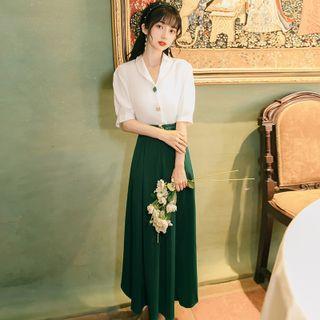 Set: Elbow-sleeve Collared Blouse + Maxi A-line Skirt
