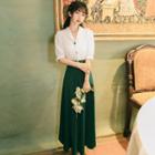 Set: Elbow-sleeve Collared Blouse + Maxi A-line Skirt