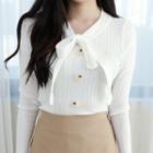 Petite Size Tie-neck Buttoned Rib-knit Top