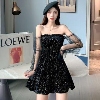 Off-shoulder Mesh Panel Mini A-line Dress