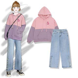 Two-tone Fox Print Hoodie / Straight-cut Jeans