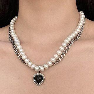 Heart Pendant Faux Pearl Layered Choker Red Heart & Faux Pearl - White - One Size
