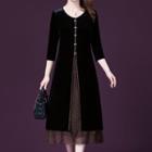 Velvet 3/4-sleeve Midi A-line Dress
