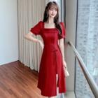 Square-neck Puff-sleeve Lace-up A-line Dress