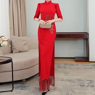 Traditional Chinese Elbow-sleeve Fringed Maxi Dress