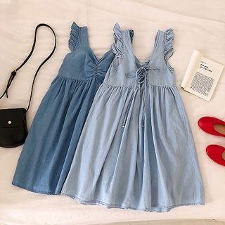 Plain Drawcord V-neck Lace-up Sleeveless Dress