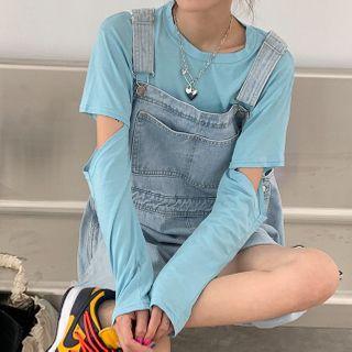 Long-sleeve Cutout T-shirt / Denim Dungaree Shorts