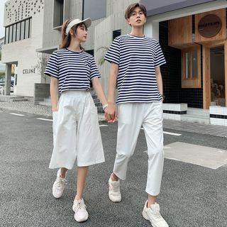 Couple Matching Short-sleeve Striped T-shirt / Cropped Wide-leg Pants / Straight Fit Pants
