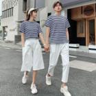 Couple Matching Short-sleeve Striped T-shirt / Cropped Wide-leg Pants / Straight Fit Pants