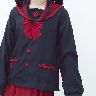 Set: Long-sleeve Sailor Collar Top + Pleated Mini Skirt + Bow Tie
