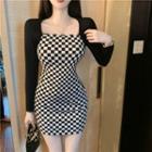 Mock Two-piece Long-sleeve Checkerboard Mini Bodycon Dress