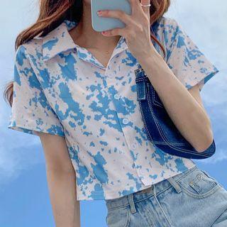 Printed Short Sleeve Crop Shirt As Shown In Figure - One Size