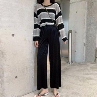 Striped Long-sleeve Knit Top / Drawstring Cropped Wide-leg Pants