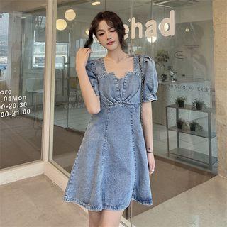 Short-sleeve Washed Denim Mini Dress