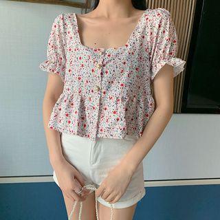 Puff-sleeve Frill Trim Floral Ribbon Back Top White - One Size