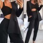 Set: Plain Blazer + Cropped Camisole Top + Straight Leg Pants