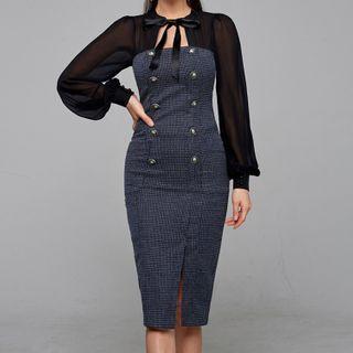 Long-sleeve Tie-neck Cutout Bodycon Dress