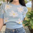 Short-sleeve Floral Print Knit Top Blue - One Size