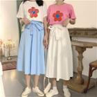 Short Sleeve Floral Printed Tee / A-line Midi Skirt