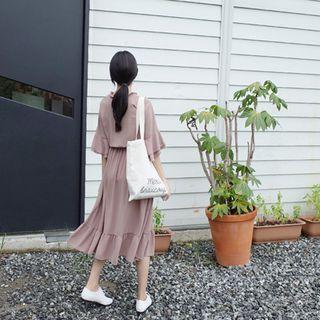 3/4-sleeve Gathered-waist Ruffle Frill-trim Long Dress