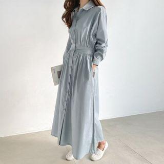 Shirred Flared Maxi Shirtdress