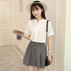 Mock Two-piece V-neck Gathered-waist Short-sleeve Chiffon Dress