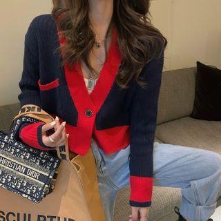 V-neck Color Block Cropped Cardigan