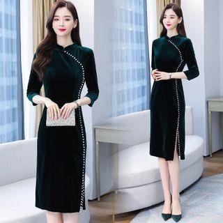 3/4-sleeve Faux Pearl Midi Qipao Dress